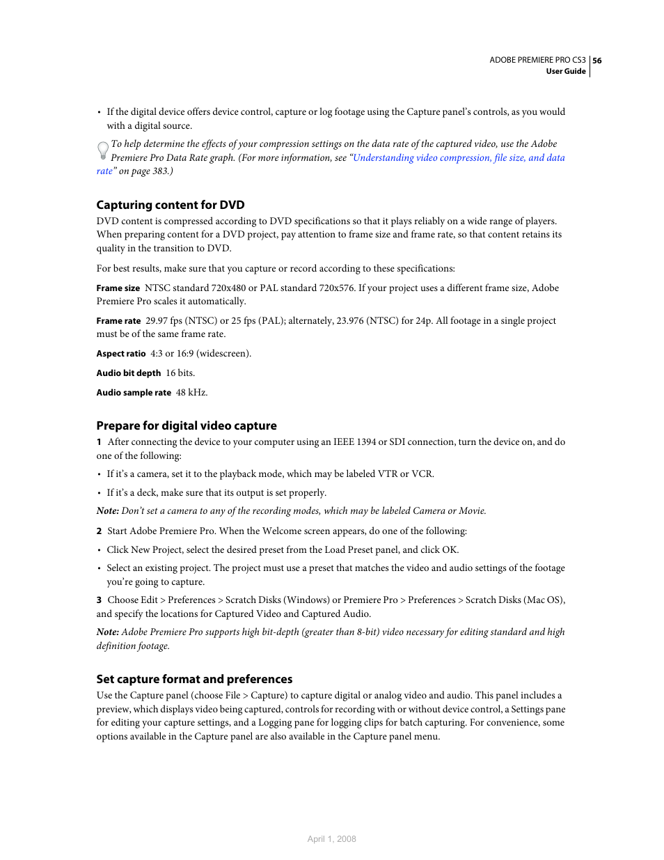 Capturing content for dvd, Prepare for digital video capture, Set capture format and preferences | Adobe Premiere Pro CS3 User Manual | Page 62 / 455