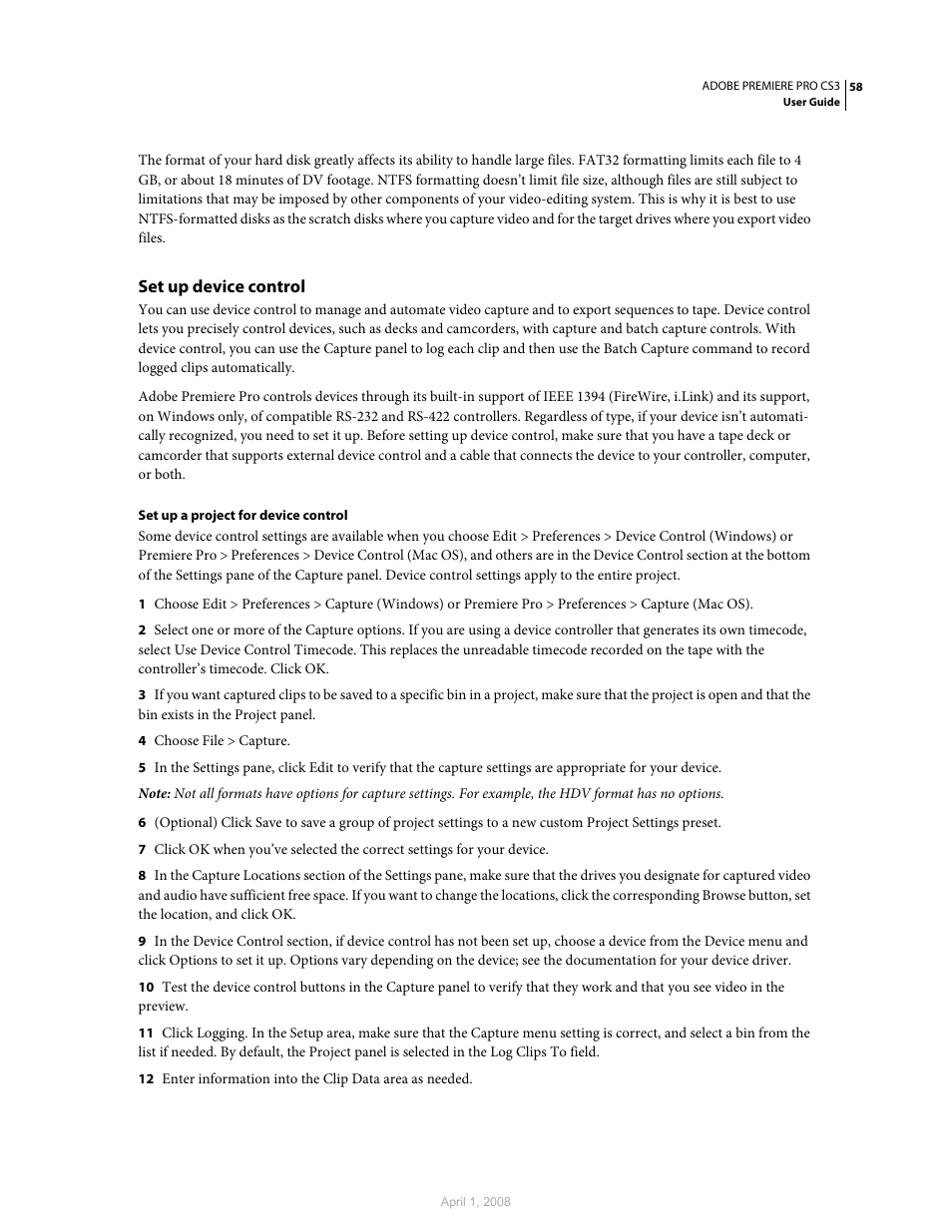 Set up device control | Adobe Premiere Pro CS3 User Manual | Page 64 / 455