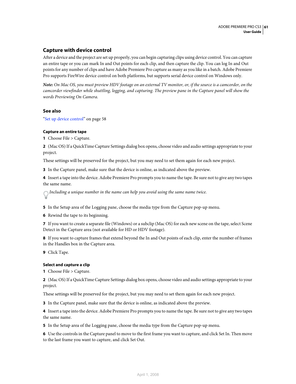 Capture with device control | Adobe Premiere Pro CS3 User Manual | Page 67 / 455