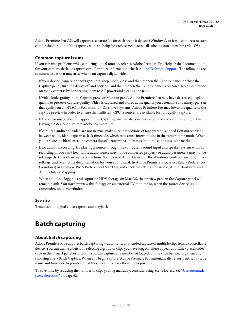 Common capture issues, Batch capturing, About batch capturing | Adobe Premiere Pro CS3 User Manual | Page 69 / 455