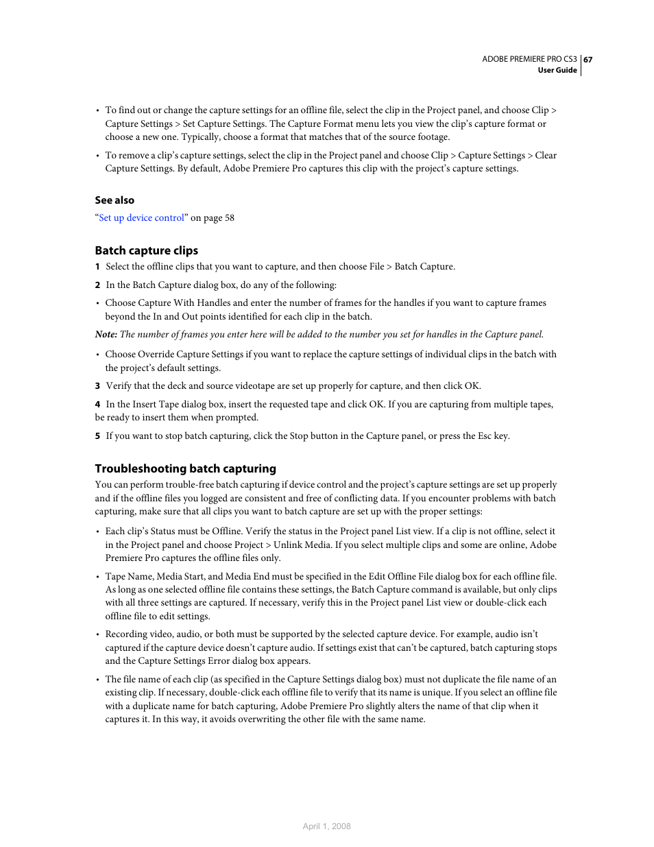 Batch capture clips, Troubleshooting batch capturing | Adobe Premiere Pro CS3 User Manual | Page 73 / 455