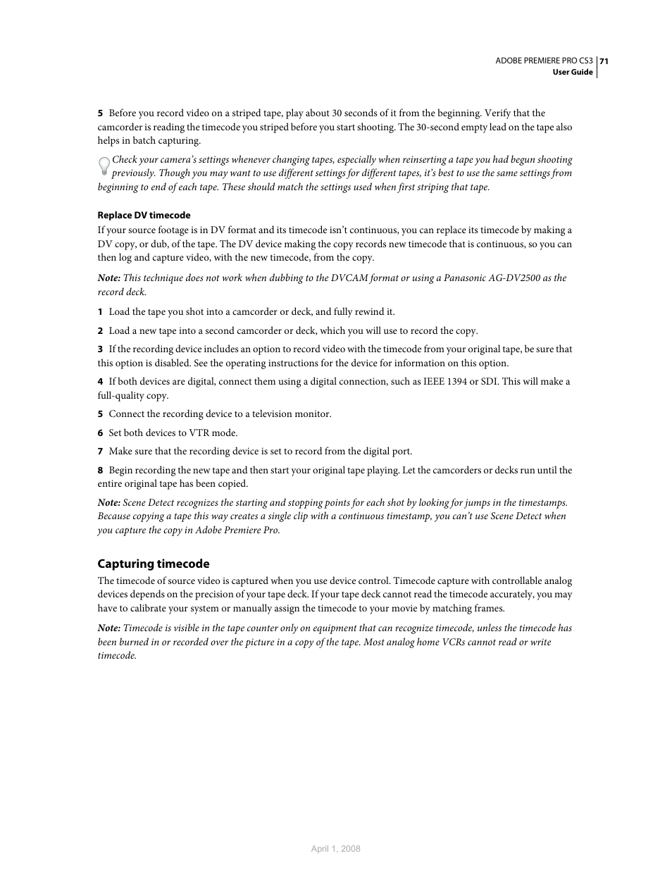 Capturing timecode | Adobe Premiere Pro CS3 User Manual | Page 77 / 455