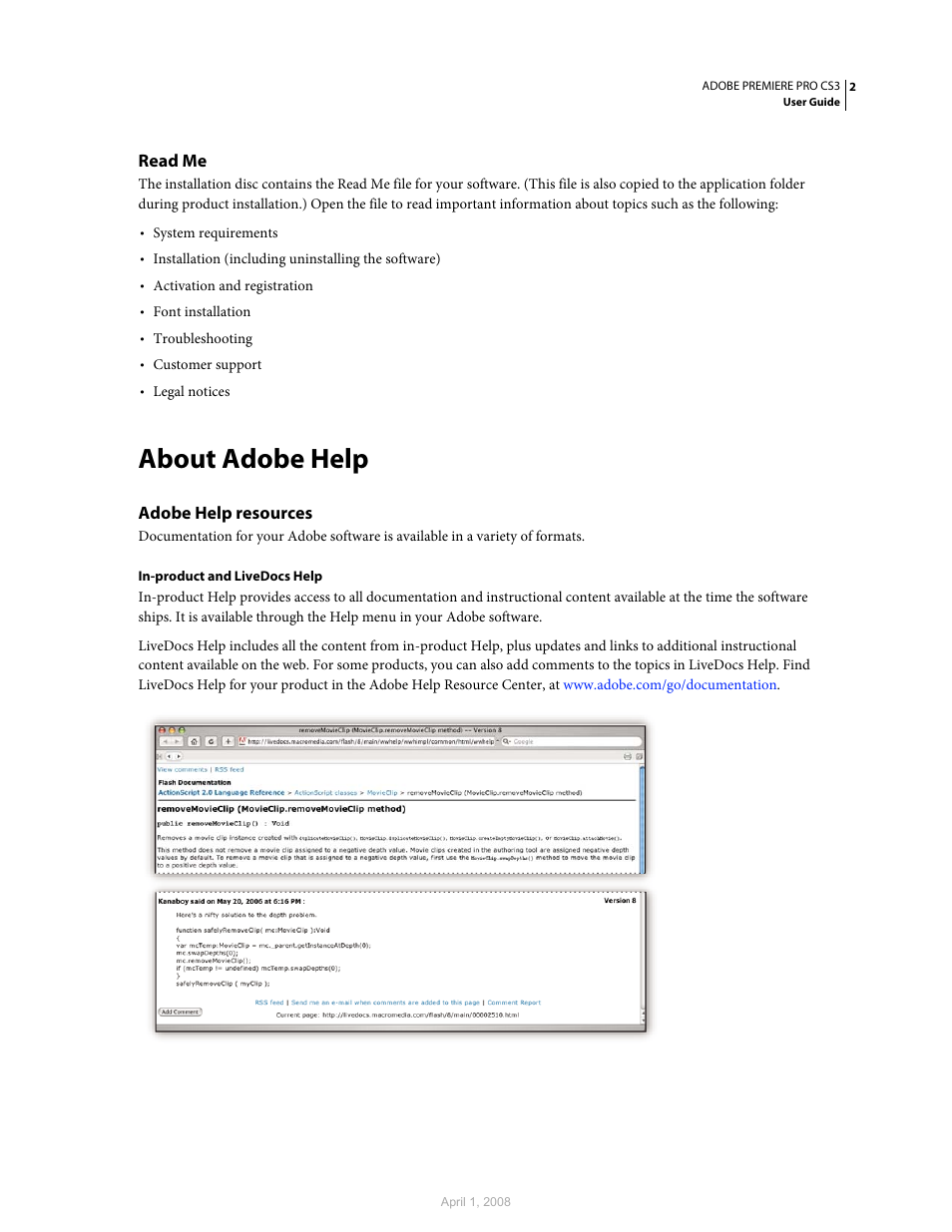 Read me, About adobe help, Adobe help resources | Adobe Premiere Pro CS3 User Manual | Page 8 / 455