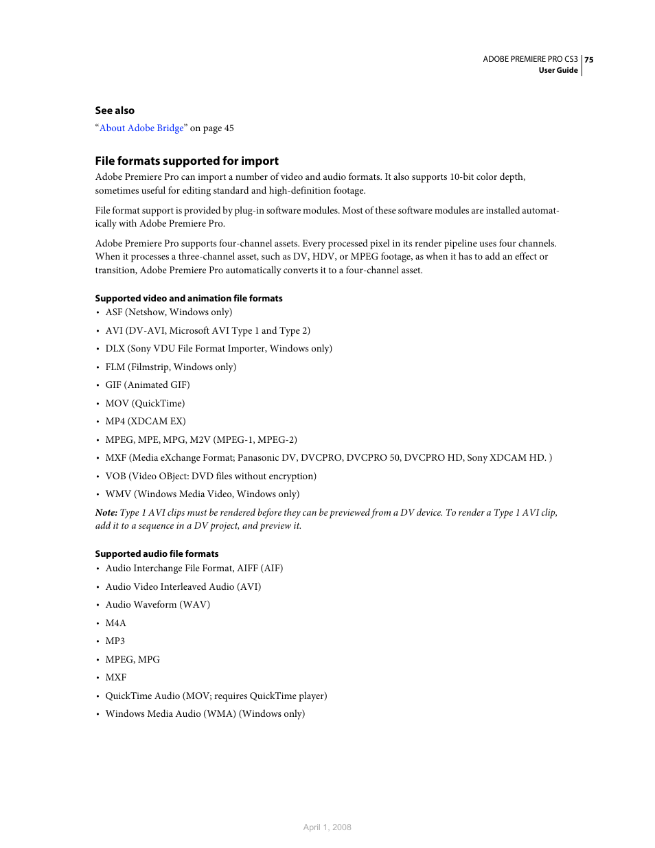 File formats supported for import | Adobe Premiere Pro CS3 User Manual | Page 81 / 455