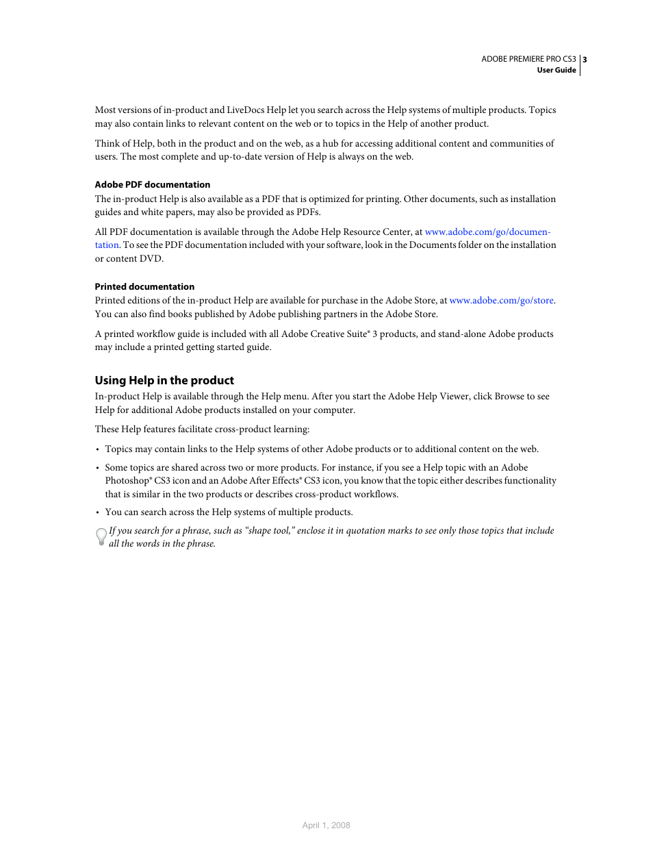 Using help in the product | Adobe Premiere Pro CS3 User Manual | Page 9 / 455