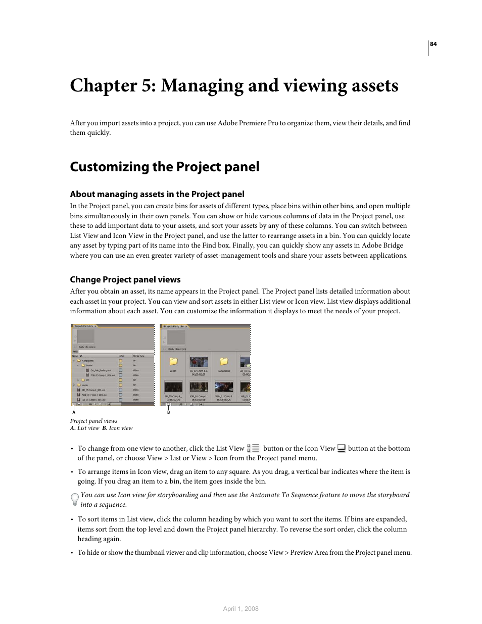 Chapter 5: managing and viewing assets, Customizing the project panel, About managing assets in the project panel | Change project panel views | Adobe Premiere Pro CS3 User Manual | Page 90 / 455