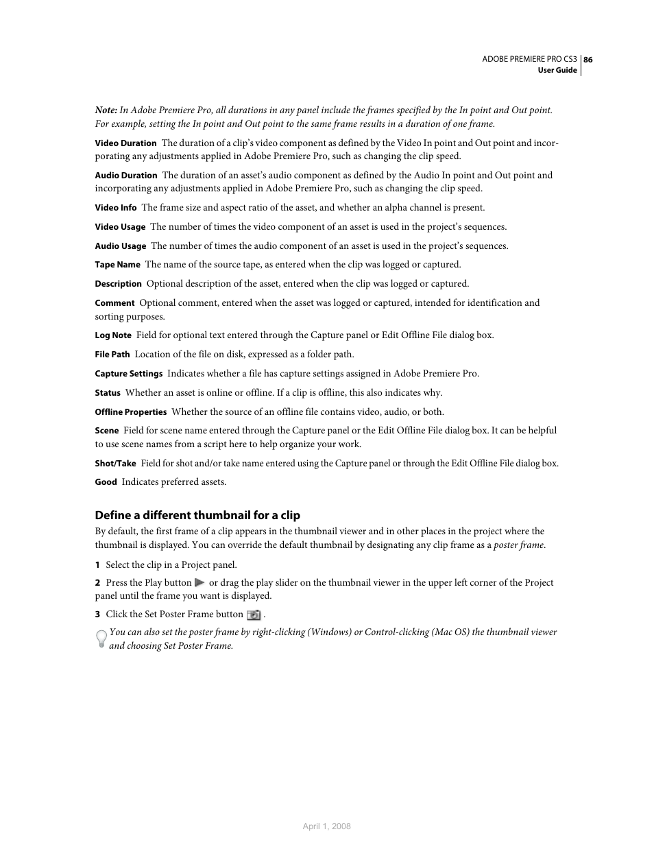 Define a different thumbnail for a clip | Adobe Premiere Pro CS3 User Manual | Page 92 / 455