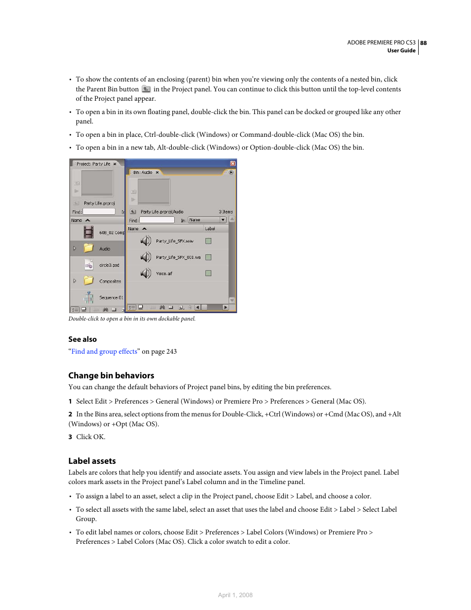 Change bin behaviors, Label assets | Adobe Premiere Pro CS3 User Manual | Page 94 / 455