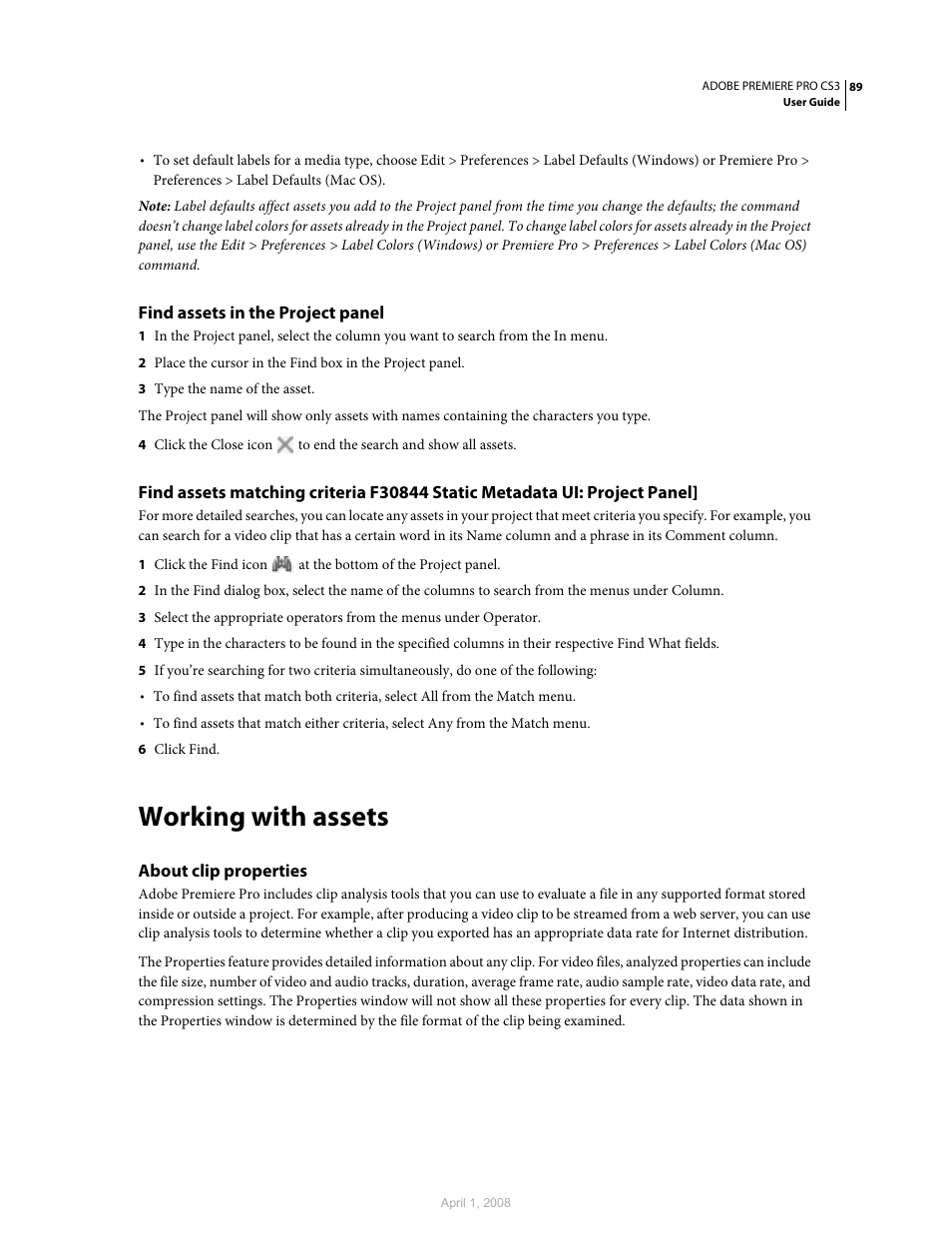 Find assets in the project panel, Working with assets, About clip properties | Adobe Premiere Pro CS3 User Manual | Page 95 / 455