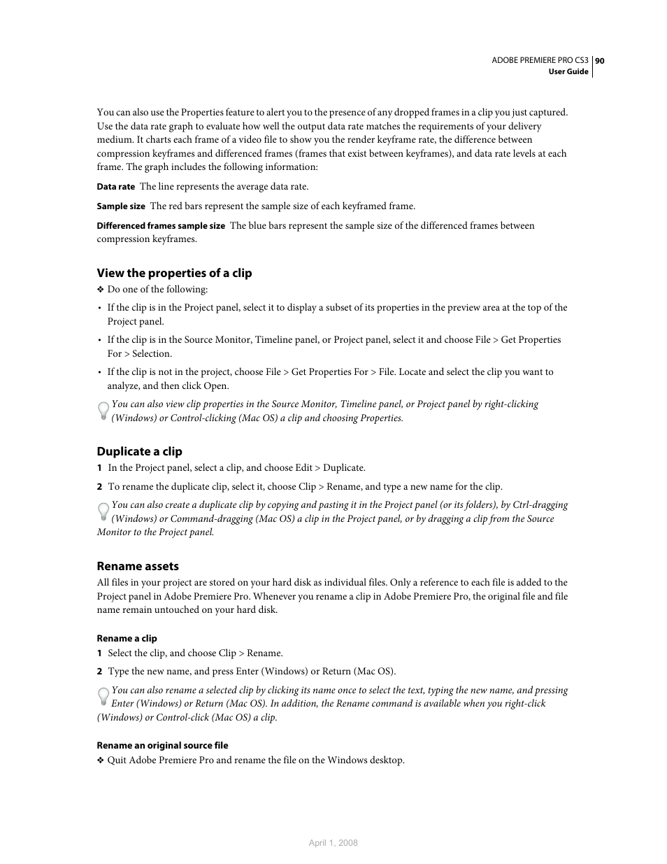 View the properties of a clip, Duplicate a clip, Rename assets | Adobe Premiere Pro CS3 User Manual | Page 96 / 455