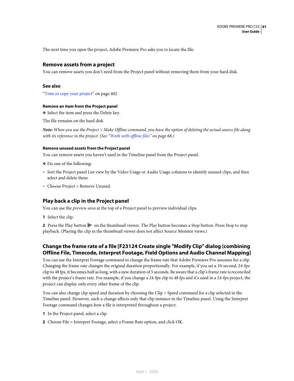 Remove assets from a project, Play back a clip in the project panel | Adobe Premiere Pro CS3 User Manual | Page 97 / 455