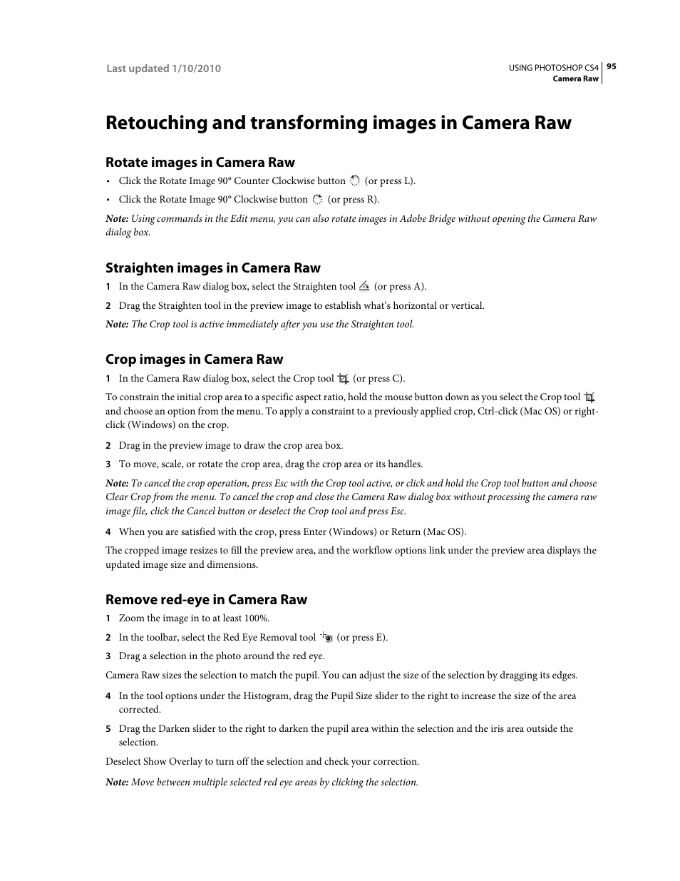 Retouching and transforming images in camera raw, Rotate images in camera raw, Straighten images in camera raw | Crop images in camera raw, Remove red-eye in camera raw | Adobe Photoshop CS4 User Manual | Page 102 / 707