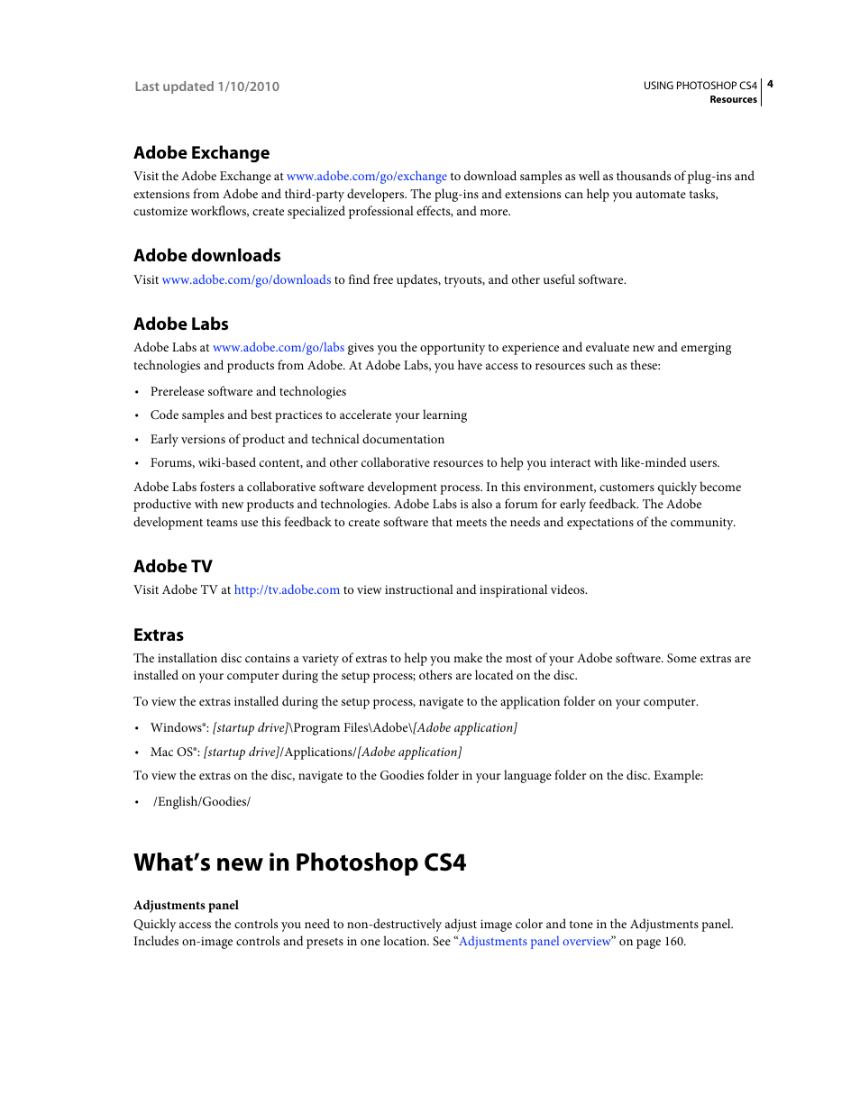 Adobe exchange, Adobe downloads, Adobe labs | Adobe tv, Extras, What’s new in photoshop cs4 | Adobe Photoshop CS4 User Manual | Page 11 / 707