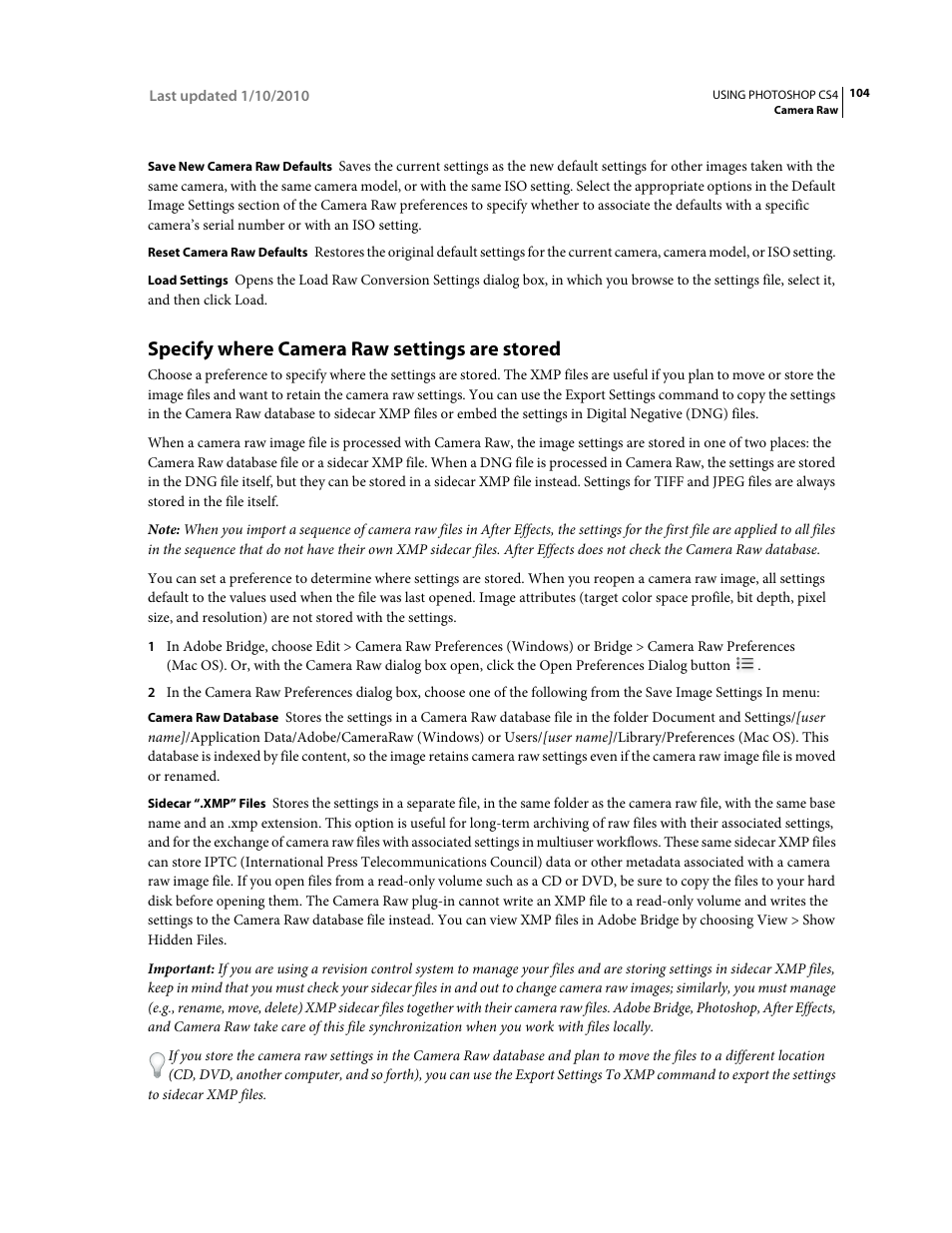 Specify where camera raw settings are stored | Adobe Photoshop CS4 User Manual | Page 111 / 707