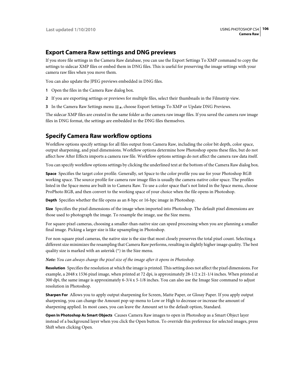 Export camera raw settings and dng previews, Specify camera raw workflow options | Adobe Photoshop CS4 User Manual | Page 113 / 707