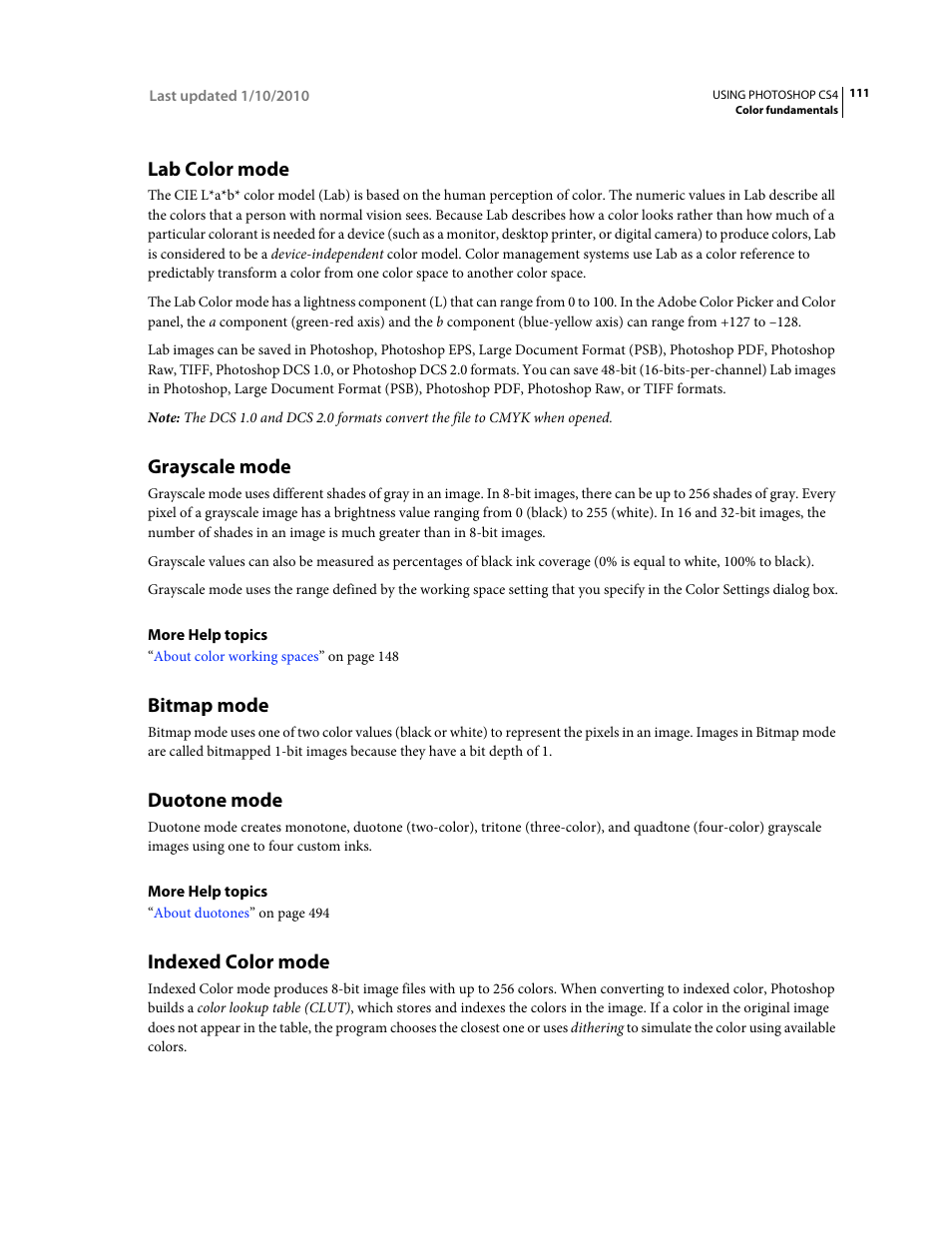Lab color mode, Grayscale mode, Bitmap mode | Duotone mode, Indexed color mode | Adobe Photoshop CS4 User Manual | Page 118 / 707