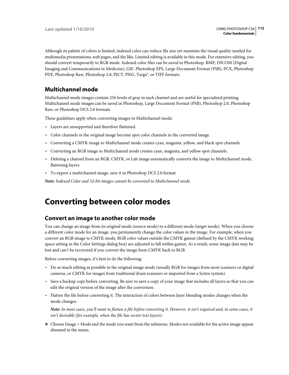 Multichannel mode, Converting between color modes, Convert an image to another color mode | Adobe Photoshop CS4 User Manual | Page 119 / 707