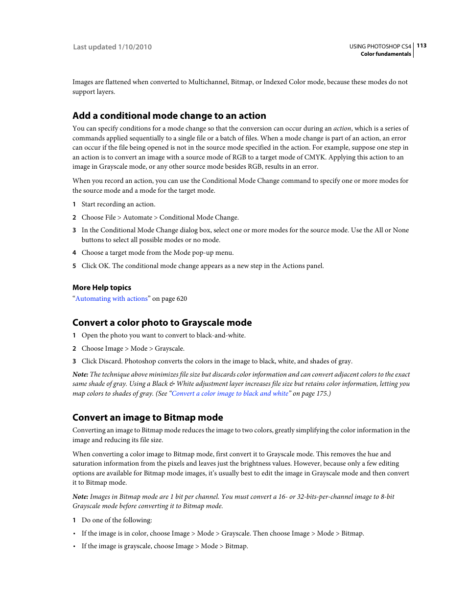 Add a conditional mode change to an action, Convert a color photo to grayscale mode, Convert an image to bitmap mode | Adobe Photoshop CS4 User Manual | Page 120 / 707