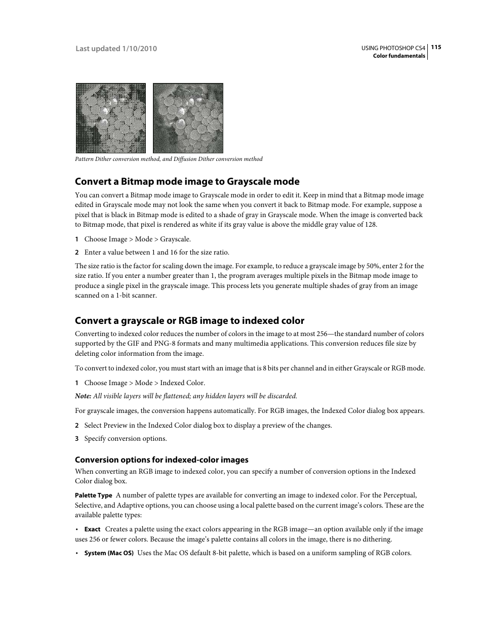 Convert a bitmap mode image to grayscale mode, Convert a grayscale or rgb image to indexed color, Conversion options for indexed-color images | Adobe Photoshop CS4 User Manual | Page 122 / 707