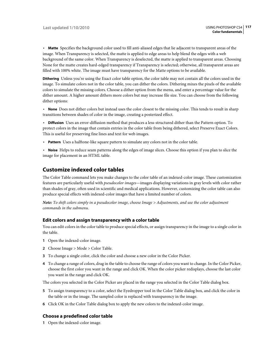 Customize indexed color tables, Choose a predefined color table | Adobe Photoshop CS4 User Manual | Page 124 / 707