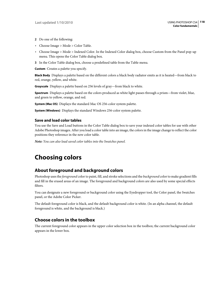 Save and load color tables, Choosing colors, About foreground and background colors | Choose colors in the toolbox | Adobe Photoshop CS4 User Manual | Page 125 / 707