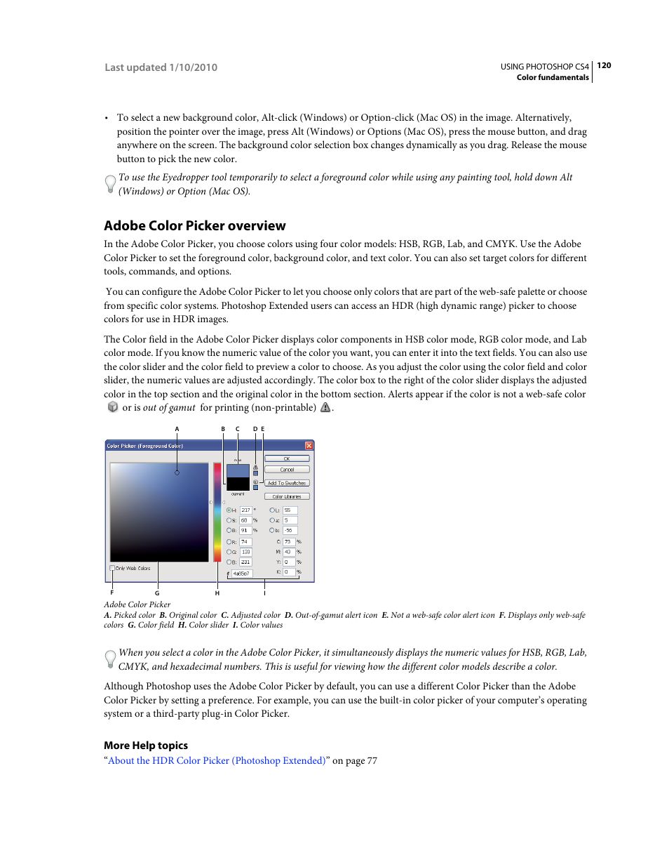 Adobe color picker overview | Adobe Photoshop CS4 User Manual | Page 127 / 707