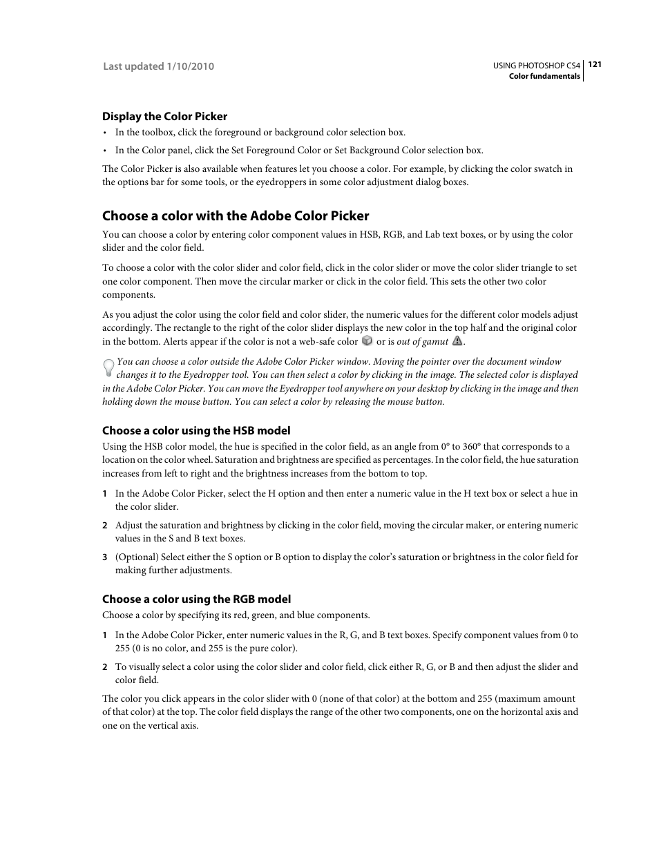 Display the color picker, Choose a color with the adobe color picker, Choose a color using the hsb model | Choose a color using the rgb model | Adobe Photoshop CS4 User Manual | Page 128 / 707