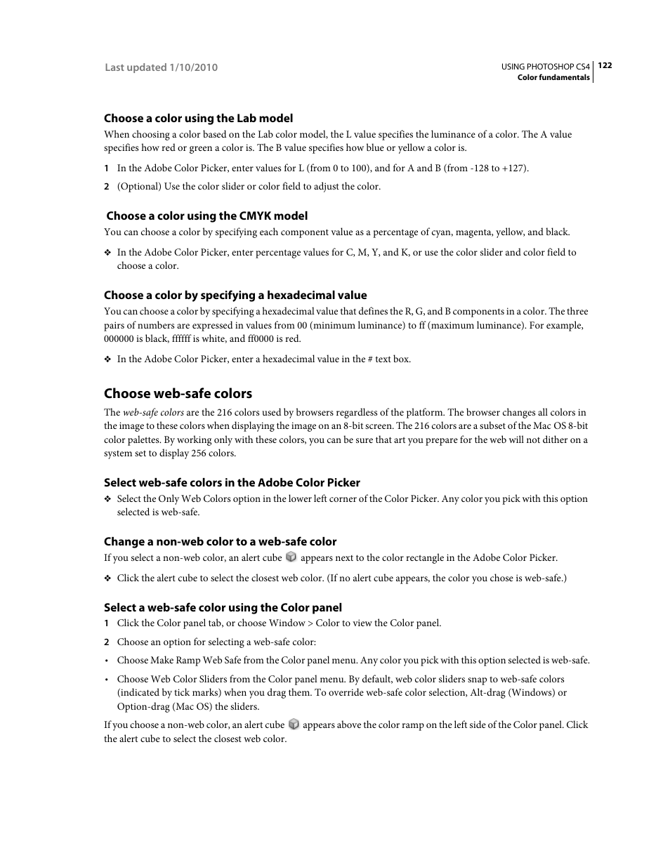 Choose a color using the lab model, Choose a color using the cmyk model, Choose a color by specifying a hexadecimal value | Choose web-safe colors, Select web-safe colors in the adobe color picker, Change a non-web color to a web-safe color, Select a web-safe color using the color panel | Adobe Photoshop CS4 User Manual | Page 129 / 707