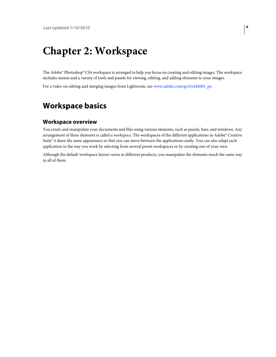 Chapter 2: workspace, Workspace basics, Workspace overview | Adobe Photoshop CS4 User Manual | Page 13 / 707