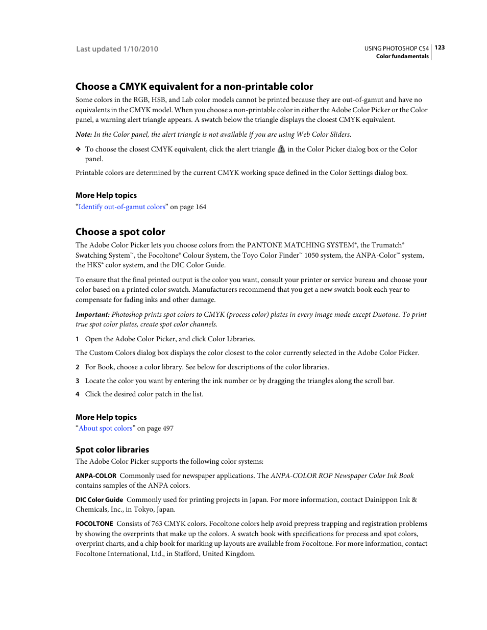 Choose a cmyk equivalent for a non-printable color, Choose a spot color, Spot color libraries | Adobe Photoshop CS4 User Manual | Page 130 / 707