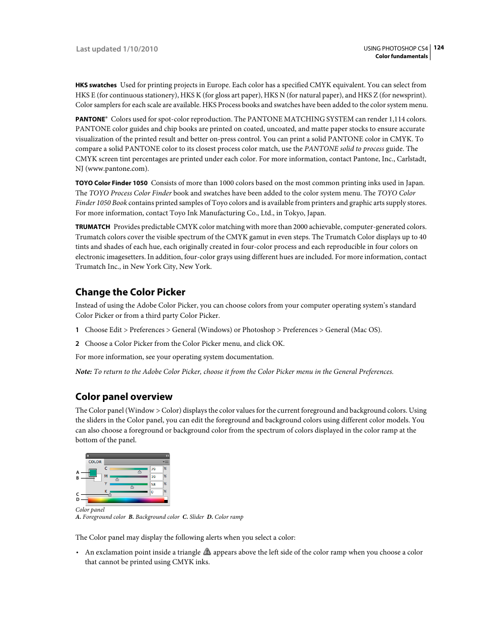 Change the color picker, Color panel overview | Adobe Photoshop CS4 User Manual | Page 131 / 707