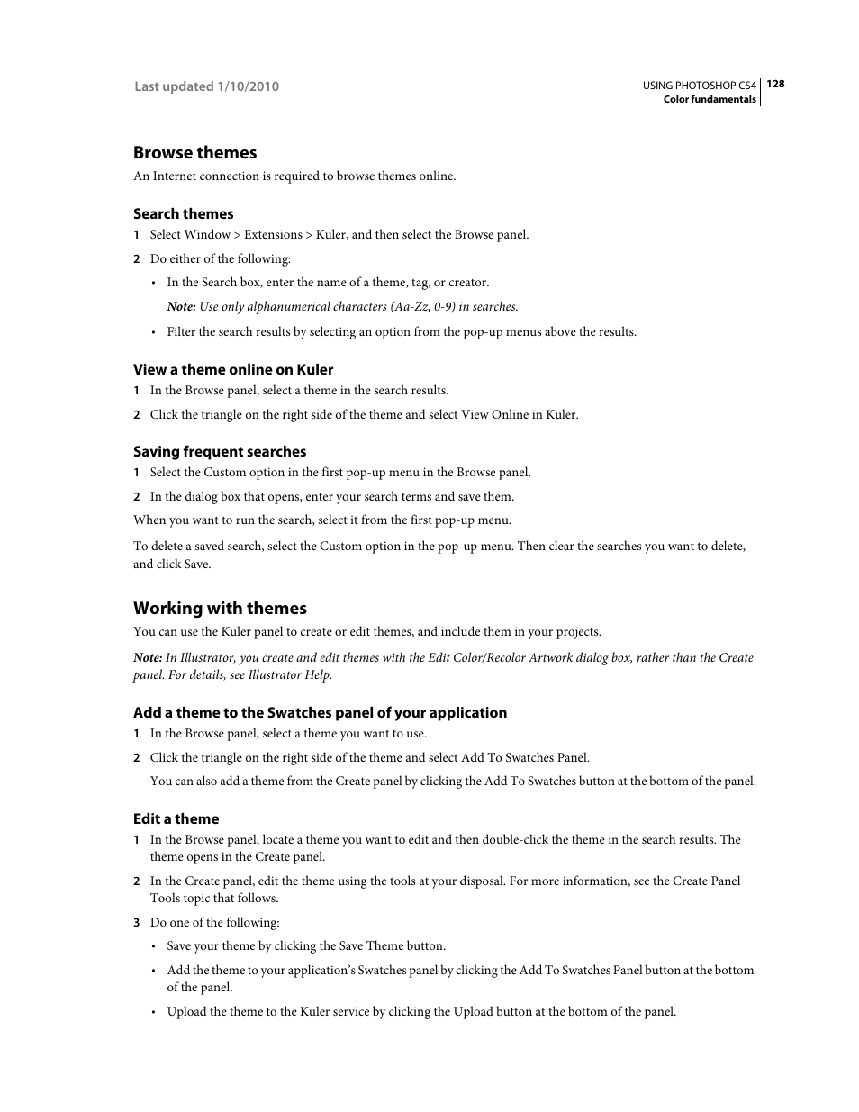 Browse themes, Search themes, View a theme online on kuler | Saving frequent searches, Working with themes, Edit a theme | Adobe Photoshop CS4 User Manual | Page 135 / 707