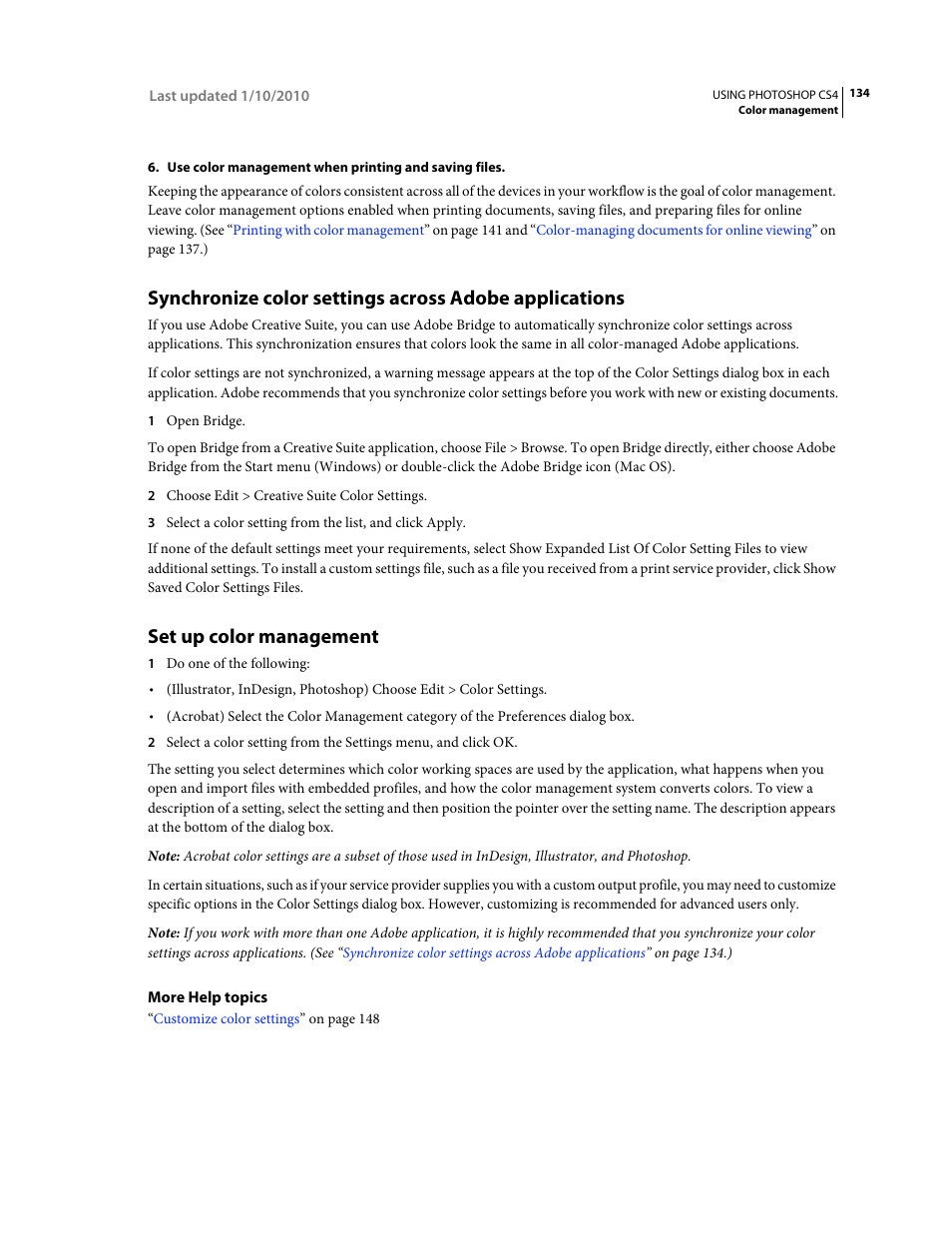 Set up color management, Synchronize color, Settings across adobe applications | Adobe Photoshop CS4 User Manual | Page 141 / 707