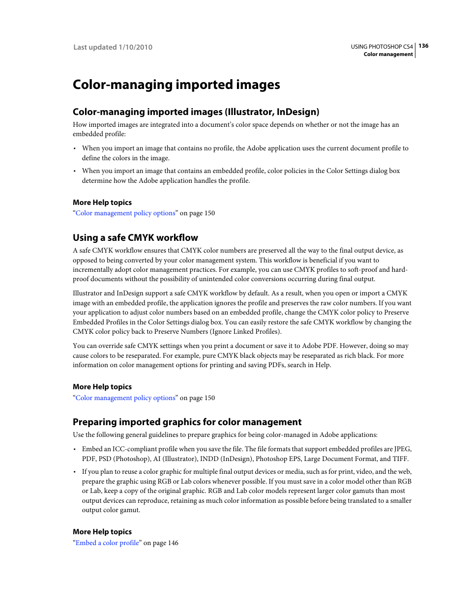 Color-managing imported images, Using a safe cmyk workflow, Preparing imported graphics for color management | Color-managing, Imported images | Adobe Photoshop CS4 User Manual | Page 143 / 707