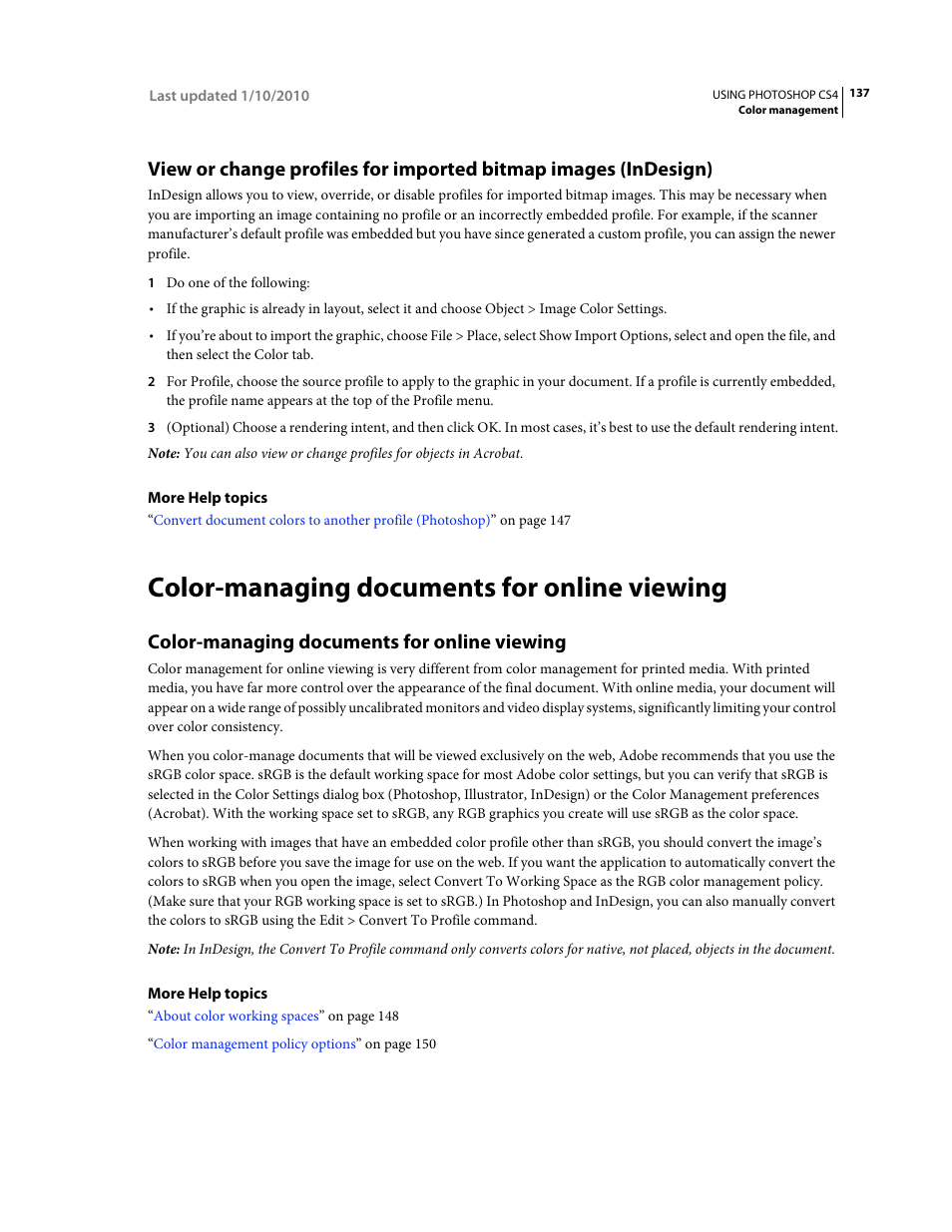 Color-managing documents for online viewing | Adobe Photoshop CS4 User Manual | Page 144 / 707