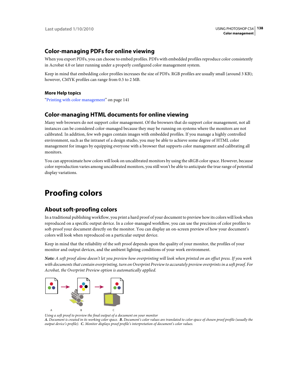 Color-managing pdfs for online viewing, Color-managing html documents for online viewing, Proofing colors | About soft-proofing colors, Specific device. (see | Adobe Photoshop CS4 User Manual | Page 145 / 707