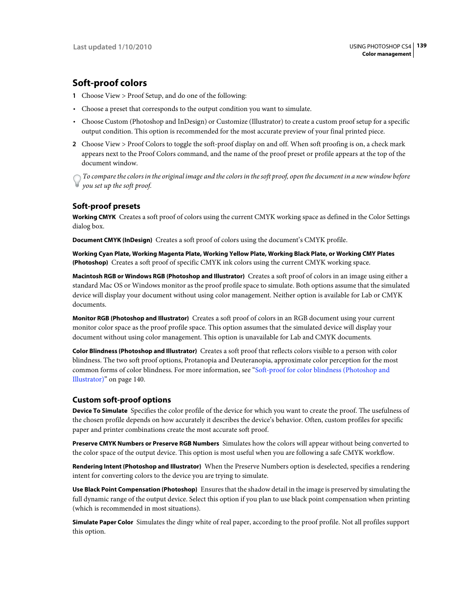 Soft-proof colors, Soft-proof presets, Custom soft-proof options | Adobe Photoshop CS4 User Manual | Page 146 / 707