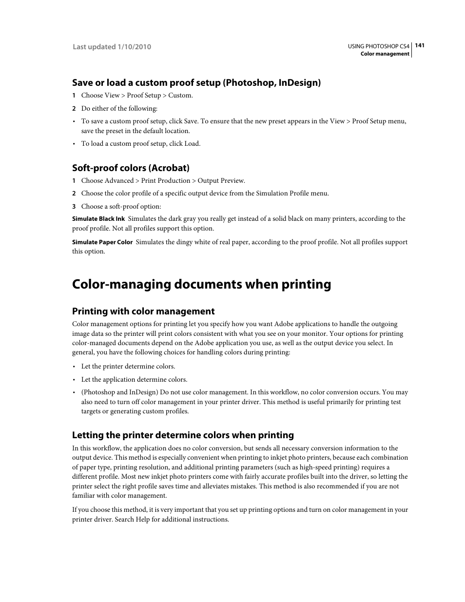 Soft-proof colors (acrobat), Color-managing documents when printing, Printing with color management | Letting the printer determine colors when printing | Adobe Photoshop CS4 User Manual | Page 148 / 707