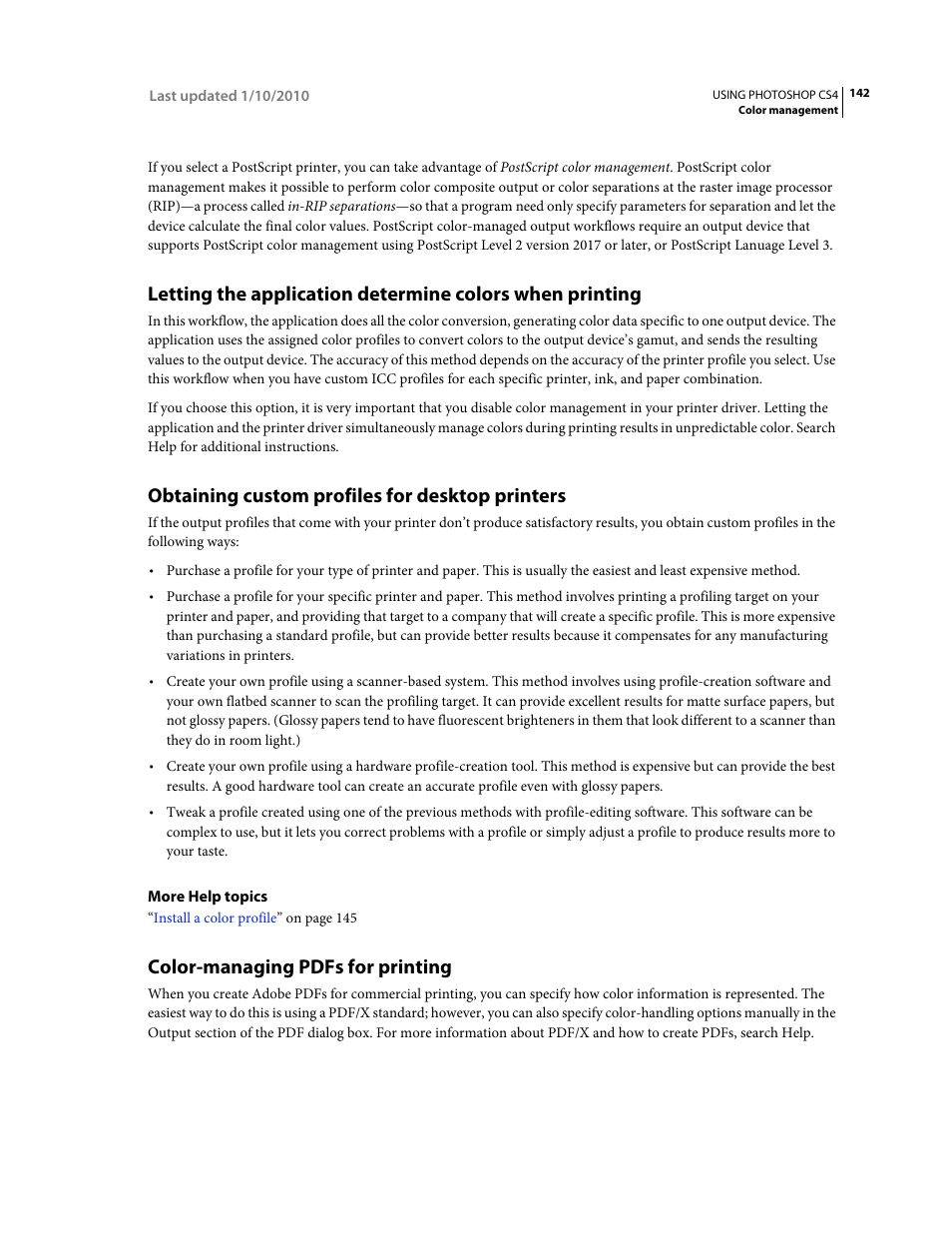 Obtaining custom profiles for desktop printers, Color-managing pdfs for printing | Adobe Photoshop CS4 User Manual | Page 149 / 707
