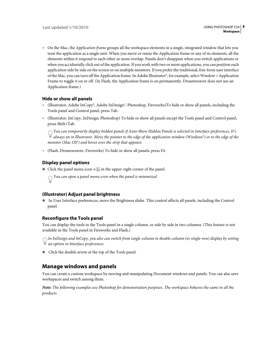 Hide or show all panels, Display panel options, Illustrator) adjust panel brightness | Reconfigure the tools panel, Manage windows and panels | Adobe Photoshop CS4 User Manual | Page 15 / 707