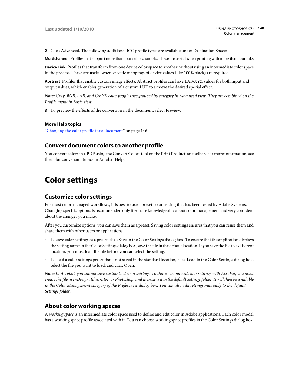 Convert document colors to another profile, Color settings, Customize color settings | About color working spaces | Adobe Photoshop CS4 User Manual | Page 155 / 707