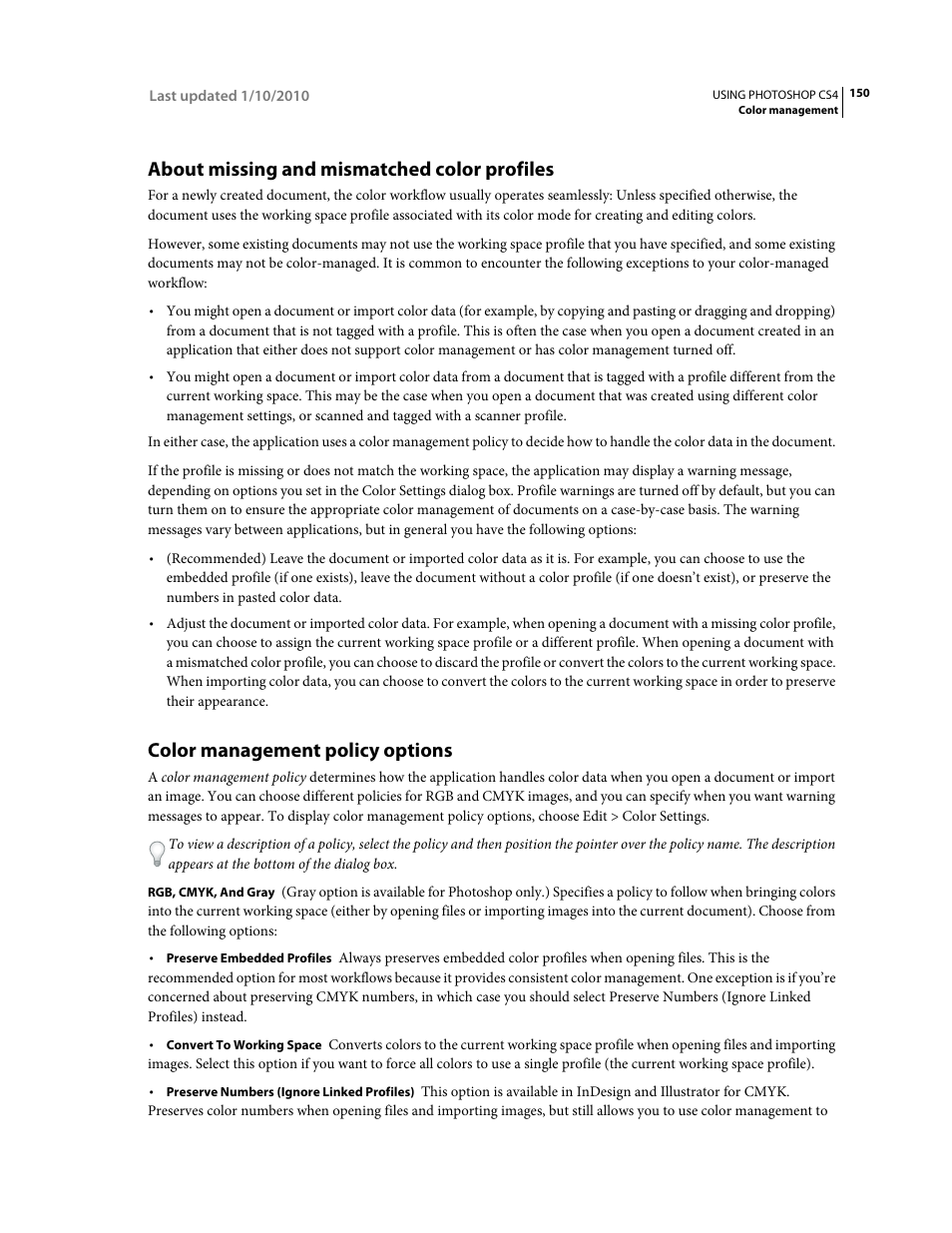 About missing and mismatched color profiles, Color management policy options | Adobe Photoshop CS4 User Manual | Page 157 / 707