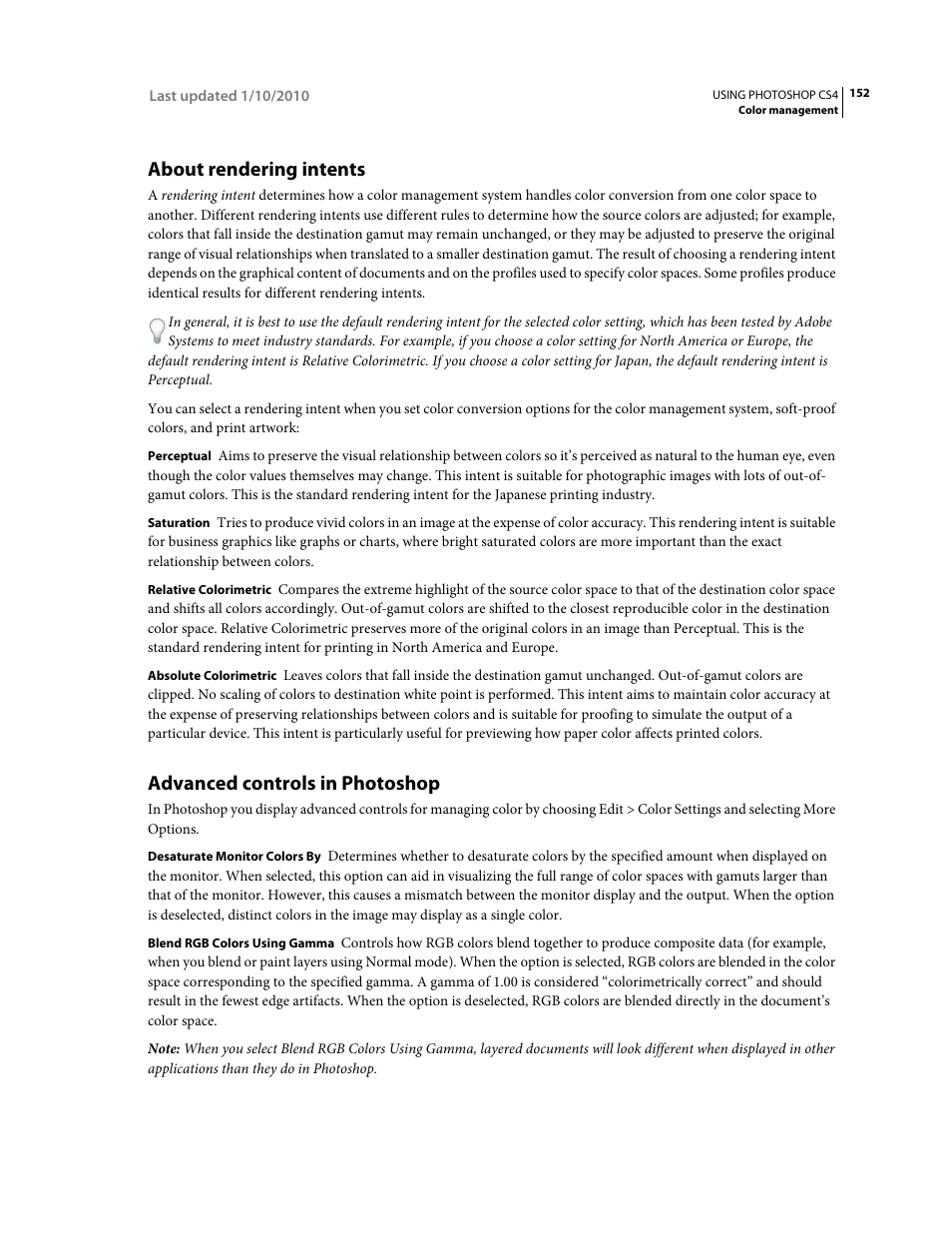 About rendering intents, Advanced controls in photoshop | Adobe Photoshop CS4 User Manual | Page 159 / 707