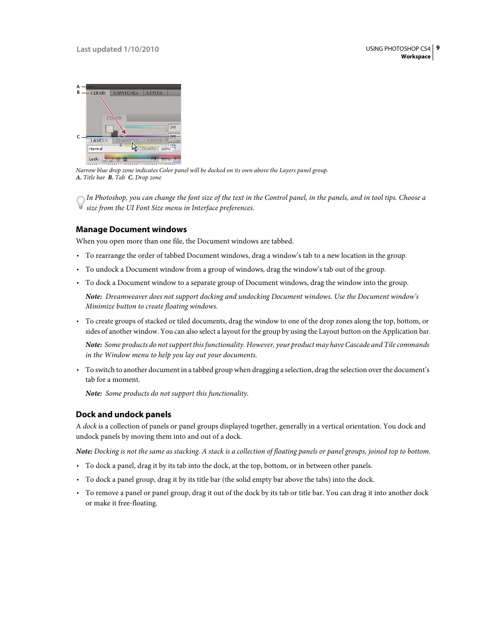 Manage document windows, Dock and undock panels | Adobe Photoshop CS4 User Manual | Page 16 / 707