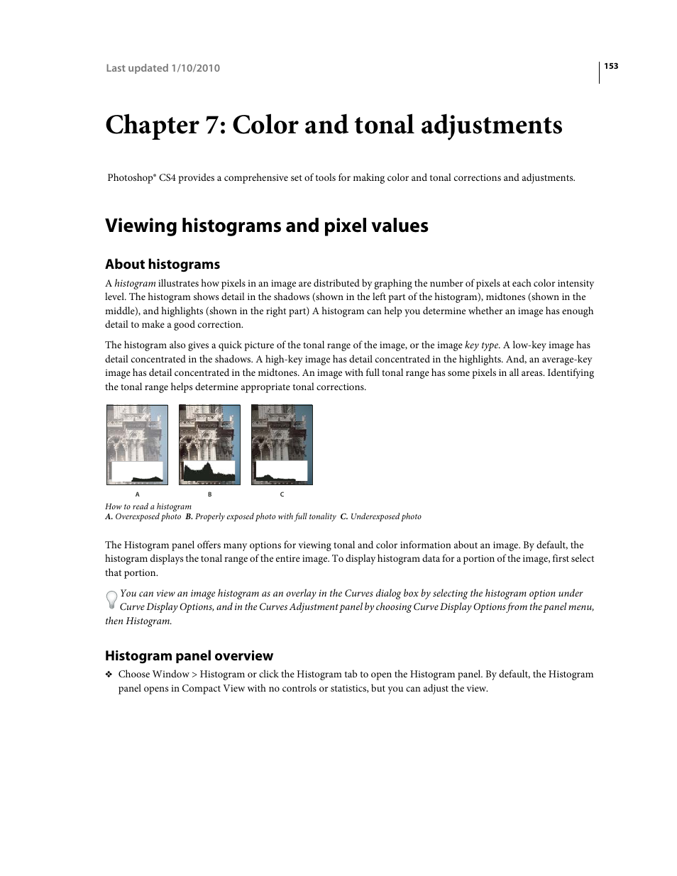 Chapter 7: color and tonal adjustments, Viewing histograms and pixel values, About histograms | Histogram panel overview | Adobe Photoshop CS4 User Manual | Page 160 / 707