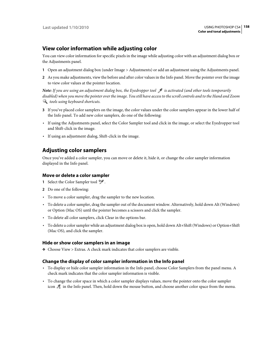 View color information while adjusting color, Adjusting color samplers, Move or delete a color sampler | Hide or show color samplers in an image | Adobe Photoshop CS4 User Manual | Page 165 / 707