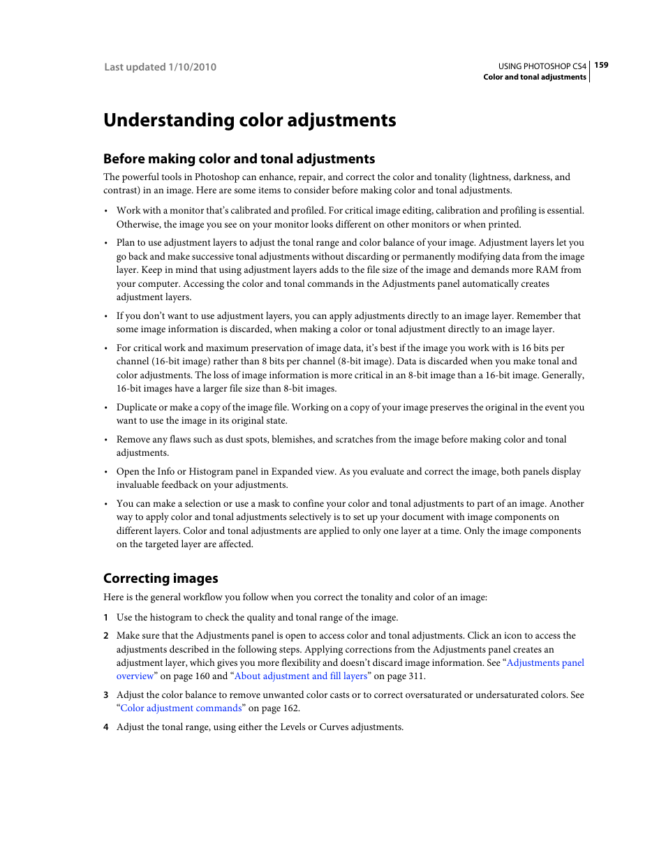 Understanding color adjustments, Before making color and tonal adjustments, Correcting images | Adobe Photoshop CS4 User Manual | Page 166 / 707