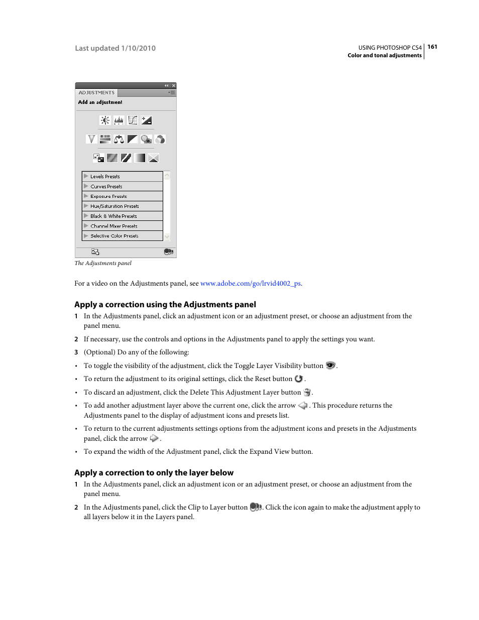 Apply a correction using the adjustments panel, Apply a correction to only the layer below | Adobe Photoshop CS4 User Manual | Page 168 / 707