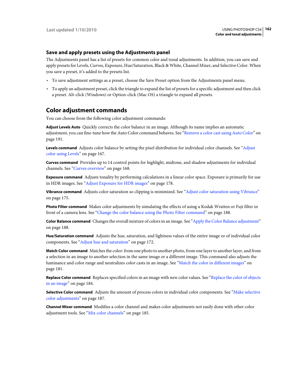 Save and apply presets using the adjustments panel, Color adjustment commands | Adobe Photoshop CS4 User Manual | Page 169 / 707