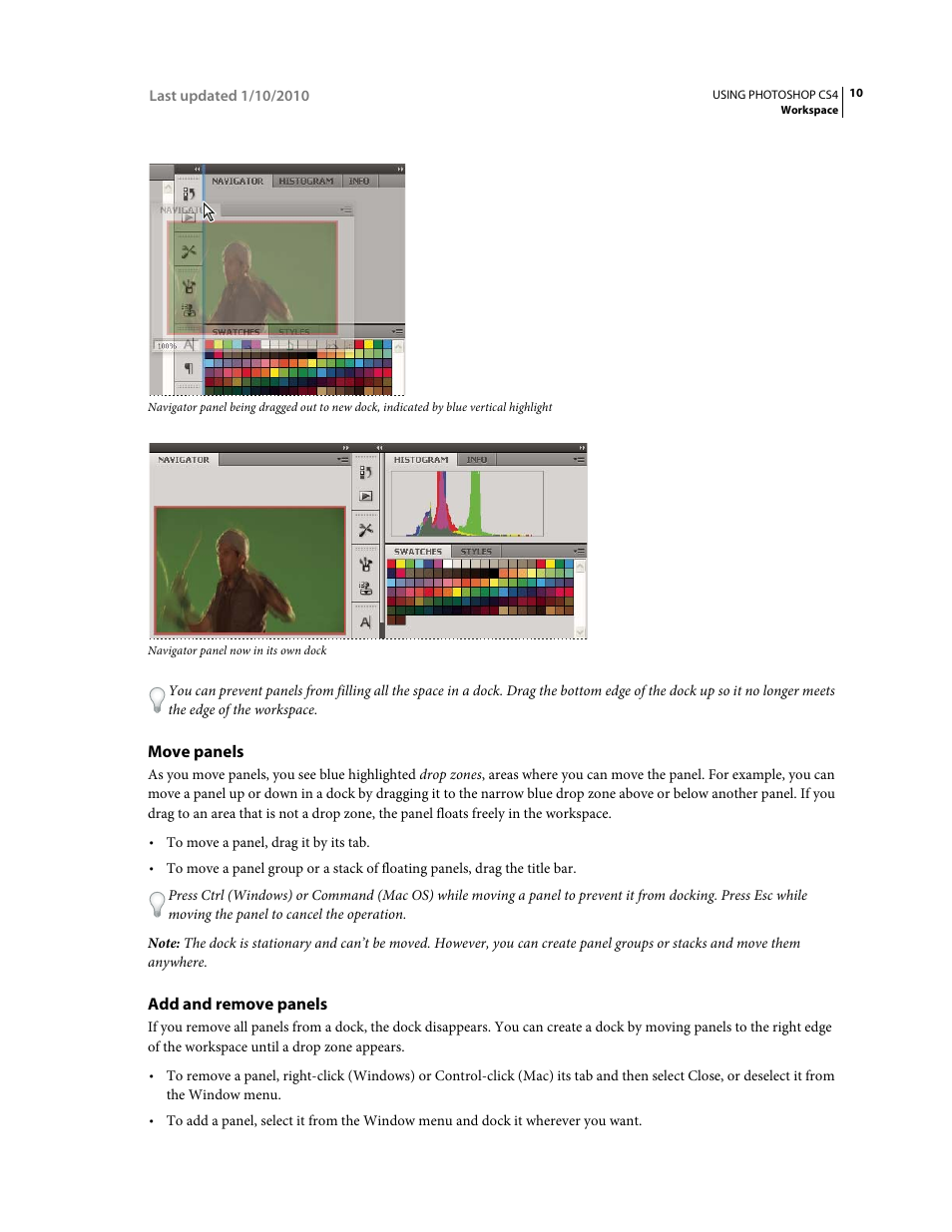 Move panels, Add and remove panels | Adobe Photoshop CS4 User Manual | Page 17 / 707